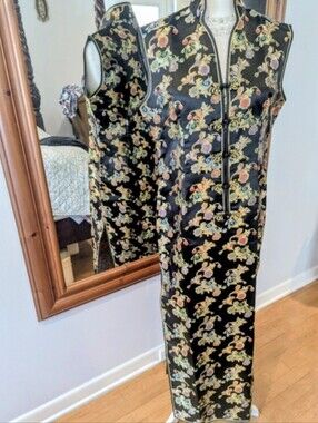 🦄RARE🦄 2XL Black Floral Satin Cheongsam Dress